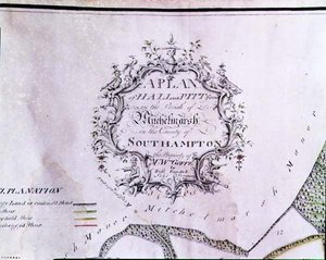 Arkiv 5629 Beskrivande kartusch från en karta med texten "A Plan of Hall and Pitt farms in the Parish of Mitchelmarsh in County of Southampton, Mr. W. Goffes egendom, av Richard Randall, Land Surveyor" av English School