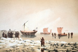 Arctic Travelling, illustration från Voyage to Baffins Bay and Barrow Straits..., 1852 (handfärgad gravyr)