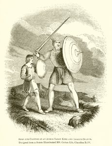 Vapen och dräkt av en anglosaxisk kung och vapendragare av English School