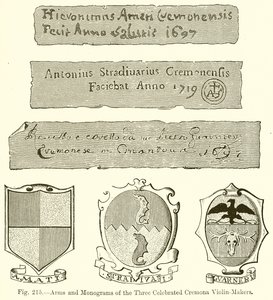 Vapen och monogram av de tre berömda Cremona violinmakarna av English School