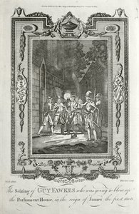 Gripande av Guy Fawkes för försök att spränga parlamentets hus i krutplanen, 5 november 1605 (gravyr) av English School