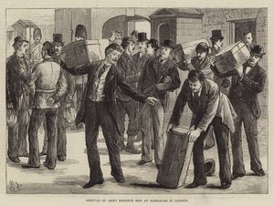 Ankomst av armé reservmän till baracker i London (gravyr) av English School