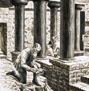 Arthur Evans utforskar resterna av det antika minoiska palatset i Knossos av English School