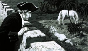 Konstnären George Stubbs såg när ett lejon stal mot en Barbaryhäst (gouache på papper) av English School