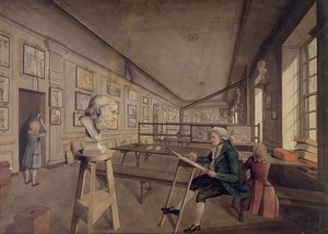 Konstnär som kopierar en byst i Royal Academy of Arts i Somerset House, ca 1780 (wc på papper) av English School