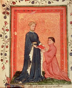 Arundel 38 f.37 Thomas Hoccleve presenterar sin bok `Regement of Princes