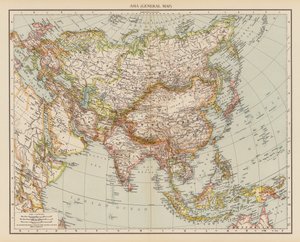 Asien, översiktskarta (färglitografi) av English School