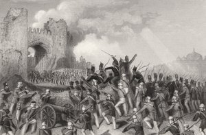 Assault of Delhi och Capture of the Cashmere Gate den 14 september 1857, från "The History of the Indian Mytery" publicerad 1858 av English School