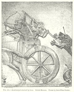 Assurbanipal attackerad av lejon. British Museum (gravyr) av English School