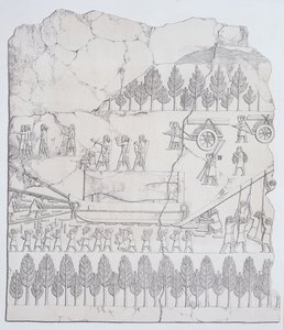 Assyrier flyttar en bevingad tjur på en släde, från Nineveh and its Remains av Austen Henry Layard (1817-94) publicerad 1849 av English School