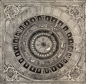 Astronomisk klocka i Hampton Court Palace, från History of Hampton Court Palace i Tudor Times av Ernest Law, publicerad London 1885 av English School