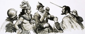Atahualpa, mfalme-mungu wa Inka, alikuja kukutana na Wahispania waliovamia kwa njia ya kirafiki. av English School
