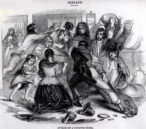 Attack mot en potatisaffär i Irland, ca 1845 av English School