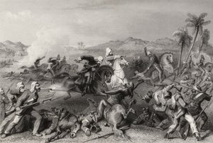 Attack på Sealcote-myteristerna av general Nicholsons irreguljära kavalleri 1857, från "The History of the Indian Mytery" publicerad 1858 av English School