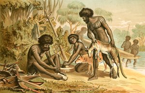 Australiska aboriginer förbereder en måltid av English School