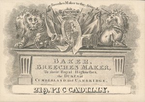 Bagare, byxmakare, 219 Piccadilly, byteskort av English School