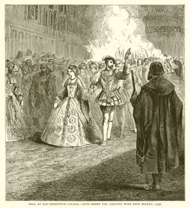 Bal på Old Greenwich Palace.--Kung Henry VIII dansar med Anne Boleyn, 1527 av English School