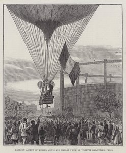Ballongbestigning av Messers Jovis och Mallet från La Villette Gas-Works, Paris (gravyr) av English School