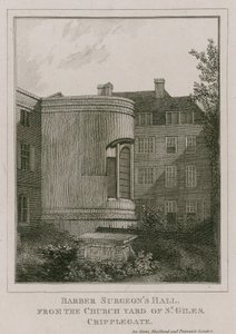 Barber Surgeons Hall, Monkwell Street, London, sett från kyrkgården i St Giles, Cripplegate av English School
