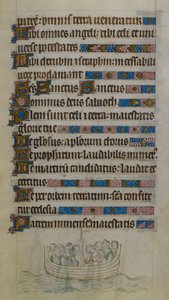 Bas-de-page scen som visar Thomas Becket och följeslagare som korsar kanalen i en båt när de reser i exil i Frankrike, illustration från 