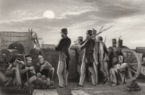 Batteriet vid Lucknow, försvararna på utkik, från "The History of the Indian Mutiny". av English School
