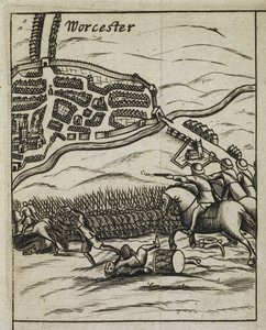 Slaget vid Worcester-scenen, från "The History of his Sacred Majestys most Wonderfull Preservation, after the Battle of Worcester" av English School