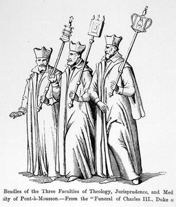 Beadles från de tre fakulteterna för teologi, rättsvetenskap och medicin, från Karl III:s (1543-1608) begravning, hertig av Lorraine, illustration från vetenskap och litteratur under medeltiden och th av English School