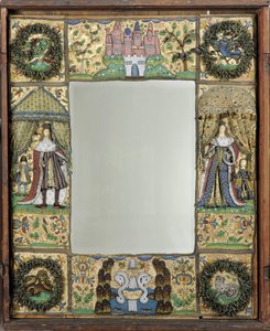 Pärlspegel, ca. 1672-79 (silke-, metall- och lädertrådar med glaspärlor och spangles på siden-satin-slipad ek) av English School