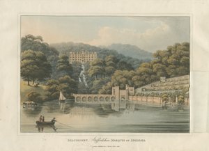 Beaudesert Hall and Park: färgad akvatintgravyr, 1816 av English School