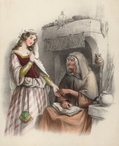 Vacker ung flicka som besöker en häxa för att rådfråga henne om framtiden (färgad gravyr) av English School