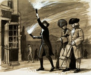 Innan gatubelysningen använde de rika människorna för att hålla facklor för att tända sina kvällspromenader (gouache på papper) av English School