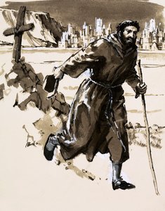 En broder som trodde att han hade upptäckt El Dorado reste ett kors för att göra anspråk på den lysande staden (gouache på papper) av English School