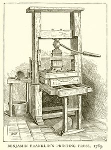 Benjamin Franklins tryckpress, 1785 av English School