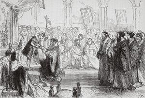 Beza presenterar den franska protestantiska kyrkans bekännelse för kungen vid Poissy-kollektionen, illustration från The History of Protestantism av James Aitken Wylie (1808-1890), pub. 1878 (eng av English School
