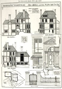 Bijou Residence Sunnycote, Hampstead, (med studio) för John Ingle Lee Esq, från The Building News, 23 februari 1877 News, 23 februari 1877 av English School