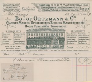 Bill från Oetzmann & Co, möbelsnickare, tapetserare, tillverkare av sängkläder och husinredare av English School
