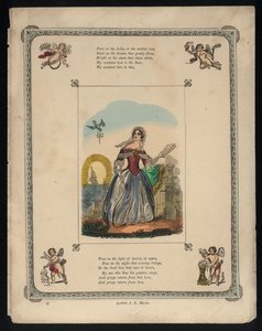 Fågel levererar ett kärleksbrev till en kvinna, kärleksdikt (färgad gravyr) av English School