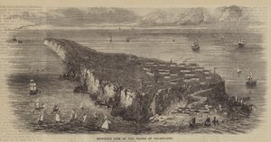 Fågelperspektiv över ön Helgoland (gravyr) av English School