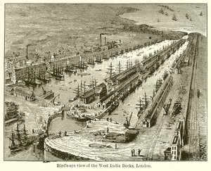 Fågelperspektiv över West India Docks, London av English School