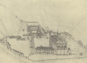 Fågelperspektiv av Eton College (gravyr) av English School
