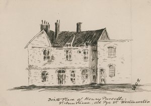 Henry Purcells födelseplats, St Anns Lane, Old Pye Street, Westminster (bläck på papper) av English School