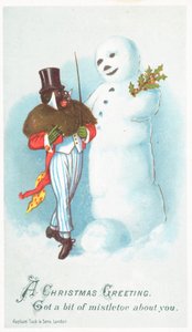 Svart man pratar med snögubbe, julkort av English School