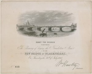 Blackfriars Bridge. Inbjudan till ceremoni för nedläggning av grundstenen, 20 juli 1865 av English School