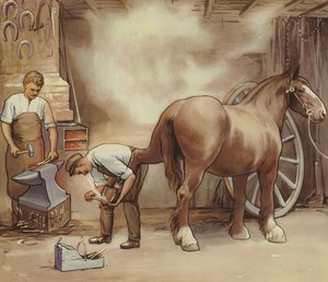 Smed som skor en häst (färg litho) av English School