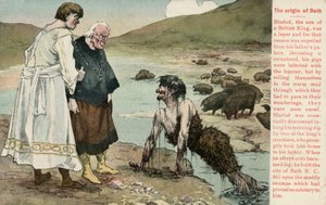 Bladud, en legendarisk kung av britterna som sades ha grundat staden Bath (färg litho) av English School