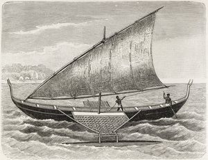 Boat of the Mortlock Islands, med stödben och segel av rush-matting, från 