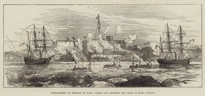 Bombardement av Mombasa av HMS Nassau och Rifleman and Boats of HMS London (gravyr) av English School