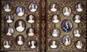 Bokomslag med tjugotvå porträttminiatyrer av Karl II och hans hovs vackra kvinnor, 1833 av English School
