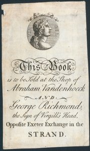 Boktallrik, den här boken ska säljas i Abraham Vandenhoecks och George Richmonds butik av English School