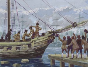 Boston Tea Party (gouache på papper) av English School